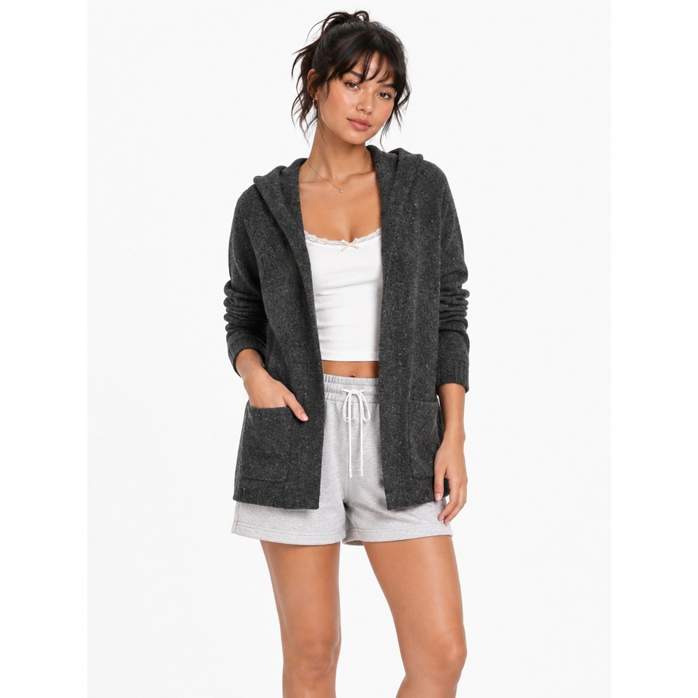 TNA 100% Wool Hooded Coatigan XS Charcoal Speckled Longline Minimalist Aritzia